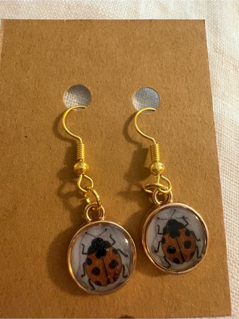 Gold-Tone and Resin Ladybug Drop Earrings - Cute Red & Black Accent